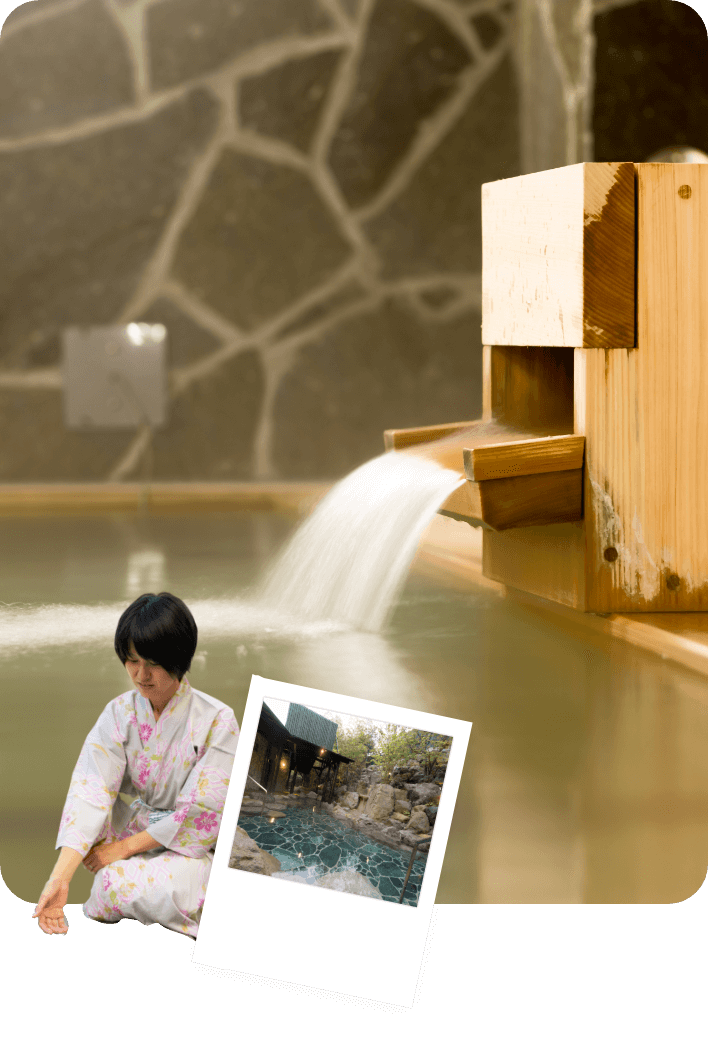 Free-flowing natural hot spring water, plus all 8 types of hot springs.